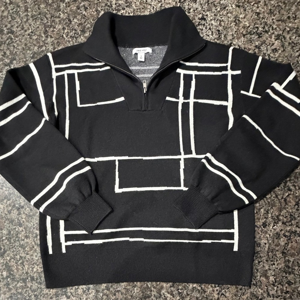 Nine West Womens Black White Geometric Grid Quarter Zip Sweater‎ Mock Neck Small